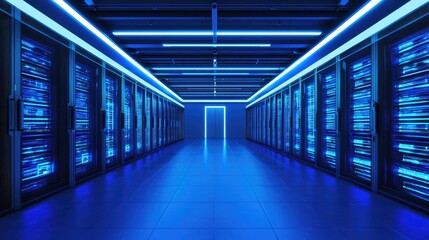 Fototapeta premium A sleek modern server room with glowing blue lights and organized racks, emphasizing advanced technology and efficient data management