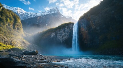 Fototapeta premium Majestic waterfall cascades down mountain, sunny day, snow-capped peaks background; nature travel