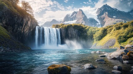 Majestic waterfall cascading into turquoise pool, Andes mountains backdrop, sunny day, nature travel