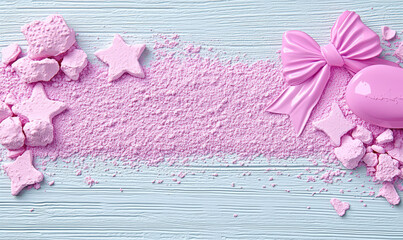Delicate Pastel Pink Decorative Elements with Bow and Stars on a Soft Blue Wooden Surface for Craft Projects and Backgrounds