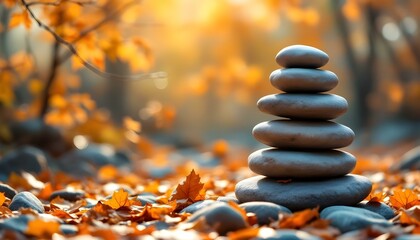 Obraz premium zen, stones, tall, stack, rough, uneven, surfaces, autumn, leaves, colorful, golden, orange, hues, sunlight, soft, filtering, bare, tree, branches, hyperrealistic, detail, serene, tranquil, harmony, 