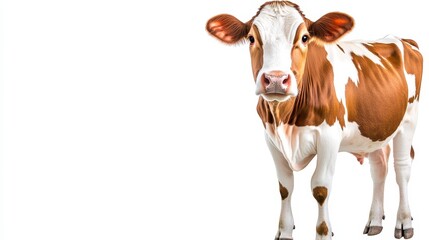 Brown and White Cow with Big Eyes Standing on a White Background