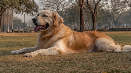 Golden Retriever Relaxing in a Park on a Sunny Day