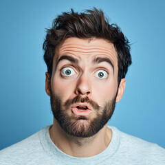 Obraz premium Portrait of a handsome man with a funny facial expression on a blue background, looking at the camera and appearing confused or surprised.