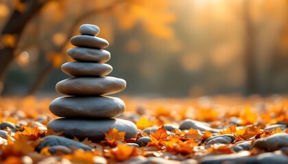 Obraz premium zen, stones, tall, stack, rough, uneven, surfaces, autumn, leaves, colorful, golden, orange, hues, sunlight, soft, filtering, bare, tree, branches, hyperrealistic, detail, serene, tranquil, harmony, 