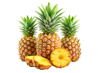 Set of Fresh slice pineapple with leaves, pineapple fruit, transparent background