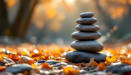Obraz premium zen, stones, tall, stack, rough, uneven, surfaces, autumn, leaves, colorful, golden, orange, hues, sunlight, soft, filtering, bare, tree, branches, hyperrealistic, detail, serene, tranquil, harmony, 