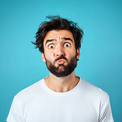 Obraz premium Portrait of a handsome man with a funny facial expression on a blue background, looking at the camera and appearing confused or surprised.