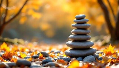 Obraz premium zen, stones, tall, stack, rough, uneven, surfaces, autumn, leaves, colorful, golden, orange, hues, sunlight, soft, filtering, bare, tree, branches, hyperrealistic, detail, serene, tranquil, harmony, 