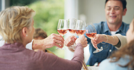 Family, toast and happy people with wine, brunch and celebrate holiday or vacation together. Love, cheers and social gathering for man, woman and parents bonding at lunch with alcohol beverage