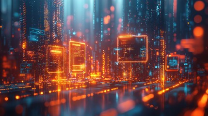 Futuristic cityscape with digital displays, data flow, and vibrant lights for tech backgrounds