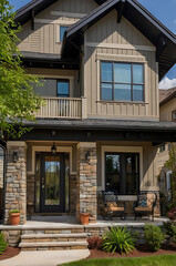 Fototapeta premium Modern Suburban House Exterior: Stone, Wood, and Glass Design. Beautiful Home Architecture and Landscaping