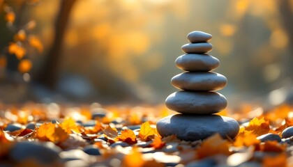 Obraz premium zen, stones, tall, stack, rough, uneven, surfaces, autumn, leaves, colorful, golden, orange, hues, sunlight, soft, filtering, bare, tree, branches, hyperrealistic, detail, serene, tranquil, harmony, 