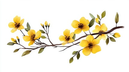 Elegant Yellow Blossom Branch with Green Leaves on White Background