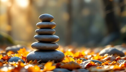Obraz premium zen, stones, tall, stack, rough, uneven, surfaces, autumn, leaves, colorful, golden, orange, hues, sunlight, soft, filtering, bare, tree, branches, hyperrealistic, detail, serene, tranquil, harmony, 