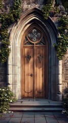 Ancient wooden door in stone archway