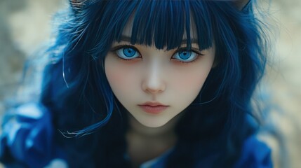 Naklejka premium Captivating Gaze: A Portrait of a Girl with Vibrant Blue Hair and Eyes