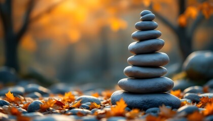 Obraz premium zen, stones, tall, stack, rough, uneven, surfaces, autumn, leaves, colorful, golden, orange, hues, sunlight, soft, filtering, bare, tree, branches, hyperrealistic, detail, serene, tranquil, harmony, 
