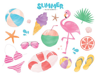 Summer elements clipart drawing set. Summer beach elements with watercolor hand drawn elements clip art in pastel color vector illustration in sunny day white background.

