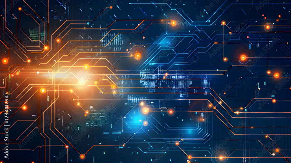 Poster abstract digital circuitry design with glowing lines and nodes, representing technology and data.