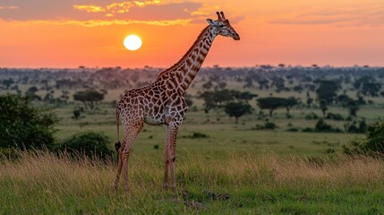 Obraz premium Giraffe at sunset in African savanna, wildlife conservation