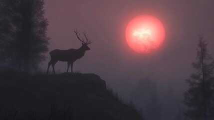 Majestic stag silhouetted against a large, red sunset in a misty forest.