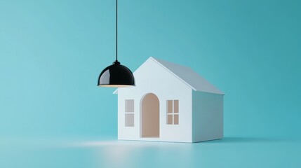 minimal white house frame outline, suspended black dome pendant lamp, soft blue gradient background, floating architectural illustration, clean lines, minimalist design aesthetic, centered