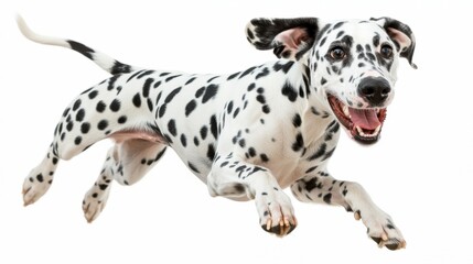 Happy Dalmatian Dog Joyfully Leaping in Mid Air Against White Background