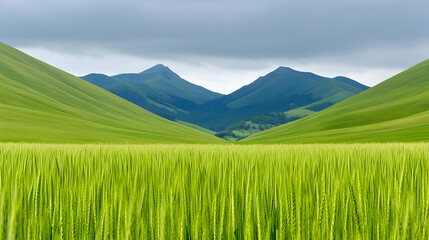 Fototapeta premium Green valley, mountains, cloudy sky, wheat field