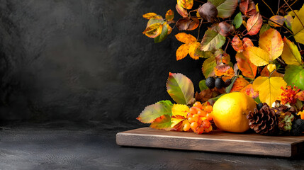 Autumn harvest fruits and leaves on dark wood. Thanksgiving recipe blog