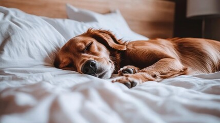 Sleepy Golden Retriever Dog Relaxing on Bed with Cozy Linens