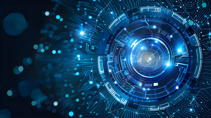 Obraz premium Abstract digital design featuring a circular pattern with glowing elements and circuit-like lines.