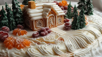 festive edible cottage, white piped icing details, spiral striped supports, golden baked walls, jewel tone candies, decorated cookie circles, fondant evergreens, snowy landscape, winter confectionery