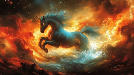 Majestic Unicorn Leaping Through Cosmic Colorful Nebula Scene
