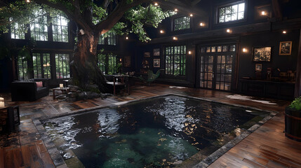 Indoor pool, treehouse, relaxing, evening lighting, home design, interior design