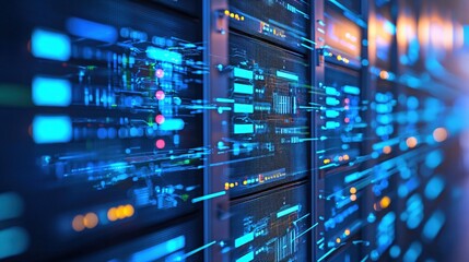 Obraz premium Futuristic Server Room Data Center Technology Network Blue Light