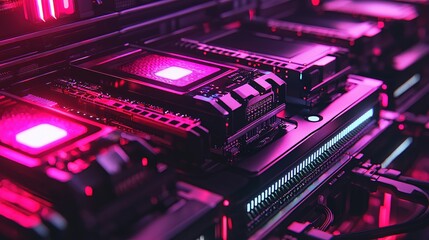Fototapeta premium Futuristic Technology Pink Neon Glow Computer Hardware Closeup