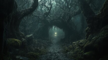 Enigmatic Forest Pathway with Glowing Light in Dark Wilderness