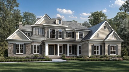 contemporary house fragment, beige exterior siding, dark gray shutters, peaked roof lines, crystal clear sky, crisp architectural details, horizontal siding pattern, white trim accents, minimal