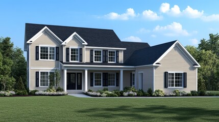 contemporary house fragment, beige exterior siding, dark gray shutters, peaked roof lines, crystal clear sky, crisp architectural details, horizontal siding pattern, white trim accents, minimal