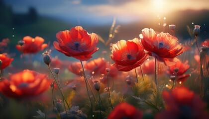 Obraz premium Vivid Poppy Blossoms Illuminate a Stunning Field in a HighResolution K Landscape, Capturing the Essence of Natures Springtime Blooming Abundance.