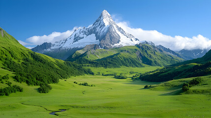 Naklejka premium Majestic snow-capped peak overlooking lush valley