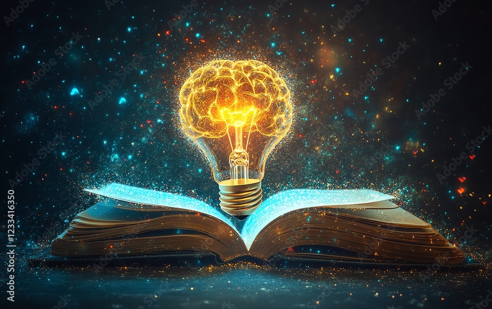 Poster a surreal glowing brainshaped light bulb emerging from an open book, shining with vivid colors, symb