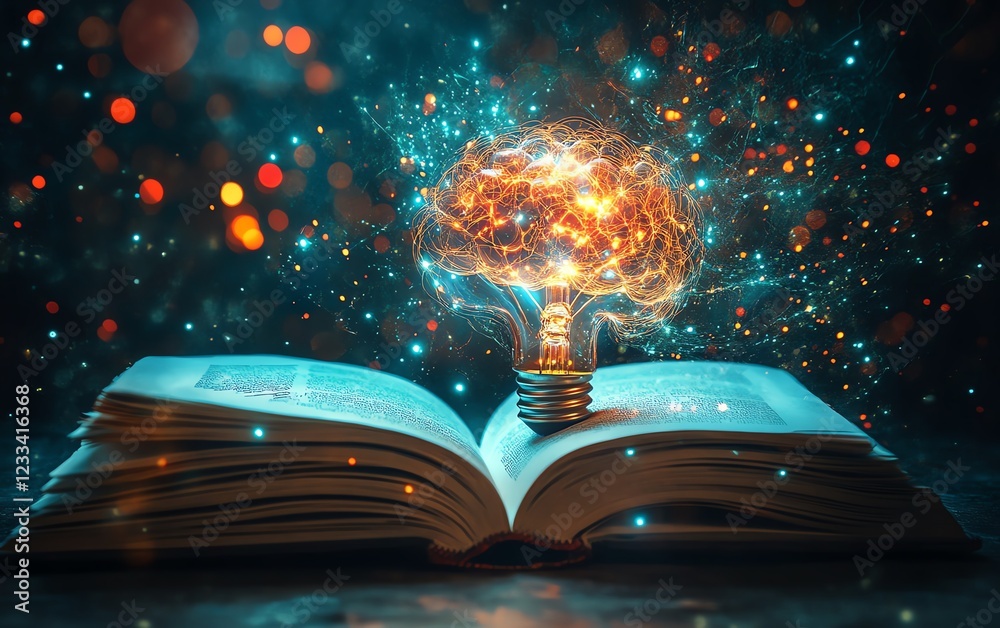 Aufkleber a surreal glowing brainshaped light bulb emerging from an open book, shining with vivid colors, symb
