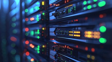 Naklejka premium Data Center Server Rack Network Technology Digital Infrastructure Close Up