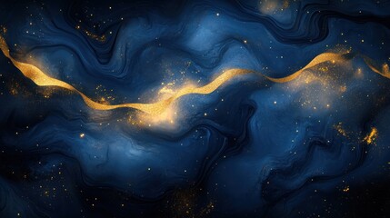 Obraz premium Abstract gold river in blue nebula, cosmic art, website background