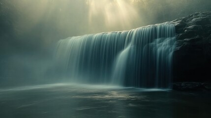 Sunbeams illuminate misty waterfall, tranquil pool, forest background; nature photography