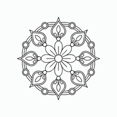 A black line mandala design with a symmetrical circular pattern on a plain white background