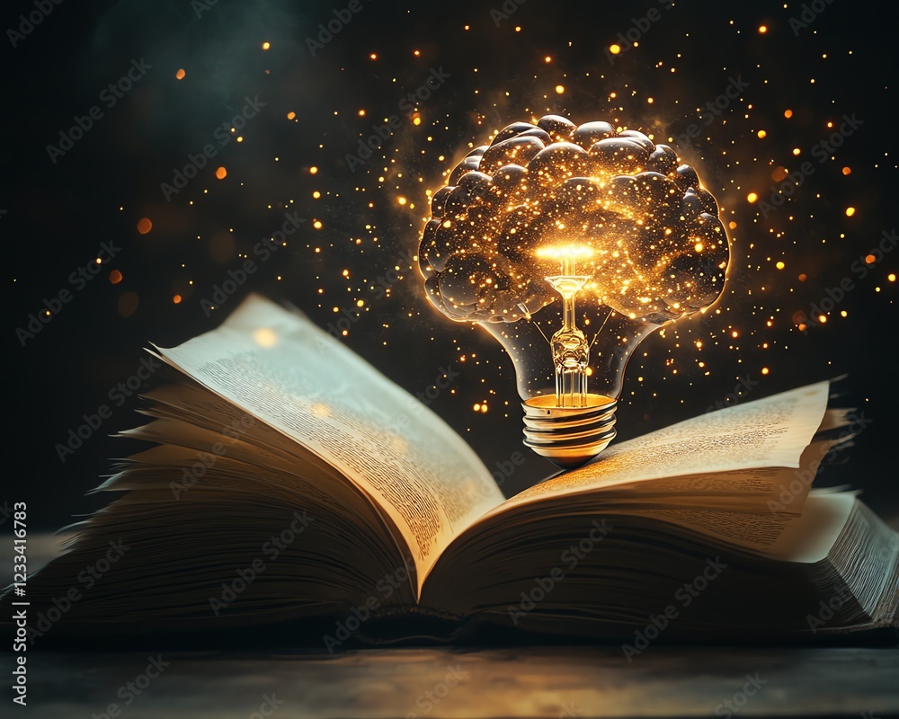 Poster Open book with a luminous, brainshaped light bulb floating above it, glowing with bright, soft light, representing the fusion of intellect and creativity