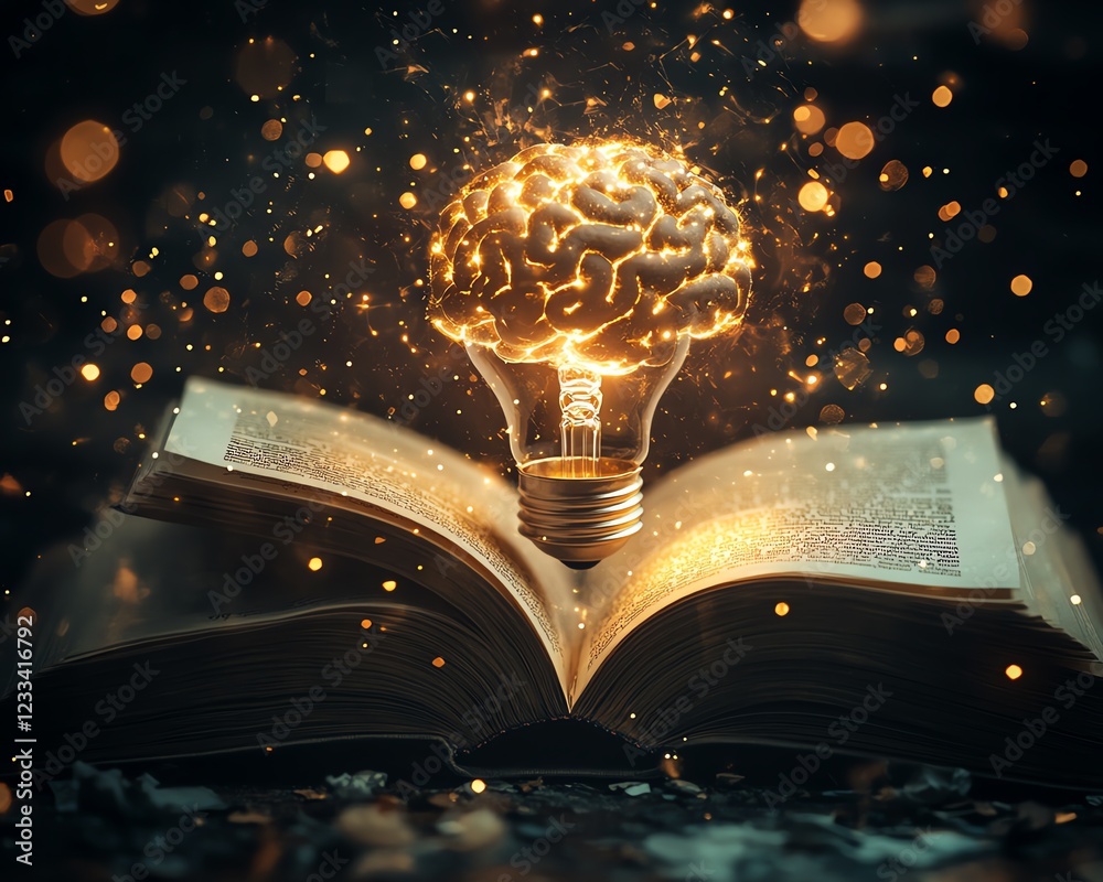 Poster open book with a luminous, brainshaped light bulb floating above it, glowing with bright, soft light